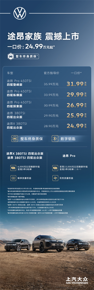途昂 Pro 一口價(jià)26.99萬(wàn)元起！搭載第五代EA888發(fā)動(dòng)機(jī)，開(kāi)啟全境旅程